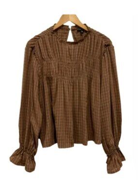MIOU MUSE Top Brown Gingham Peasant Tunic Size Large NWT
